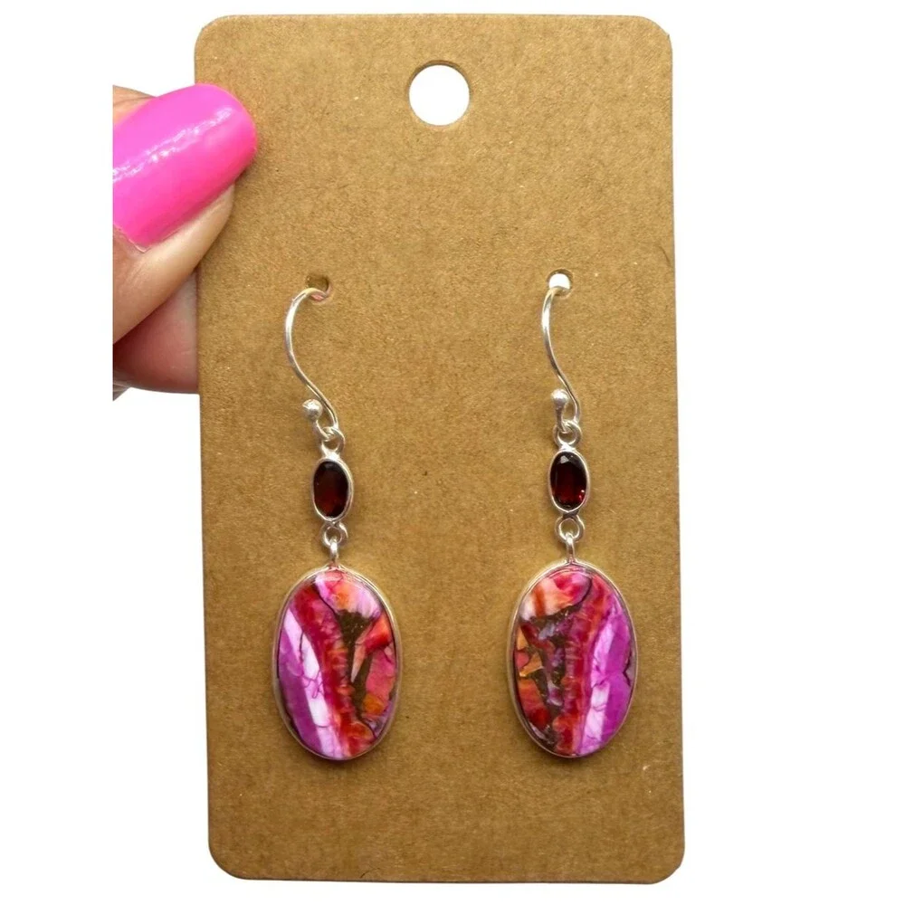 Kingman Pink Dahlia Turquoise Garnet Earrings Solid 925 Sterling Silver